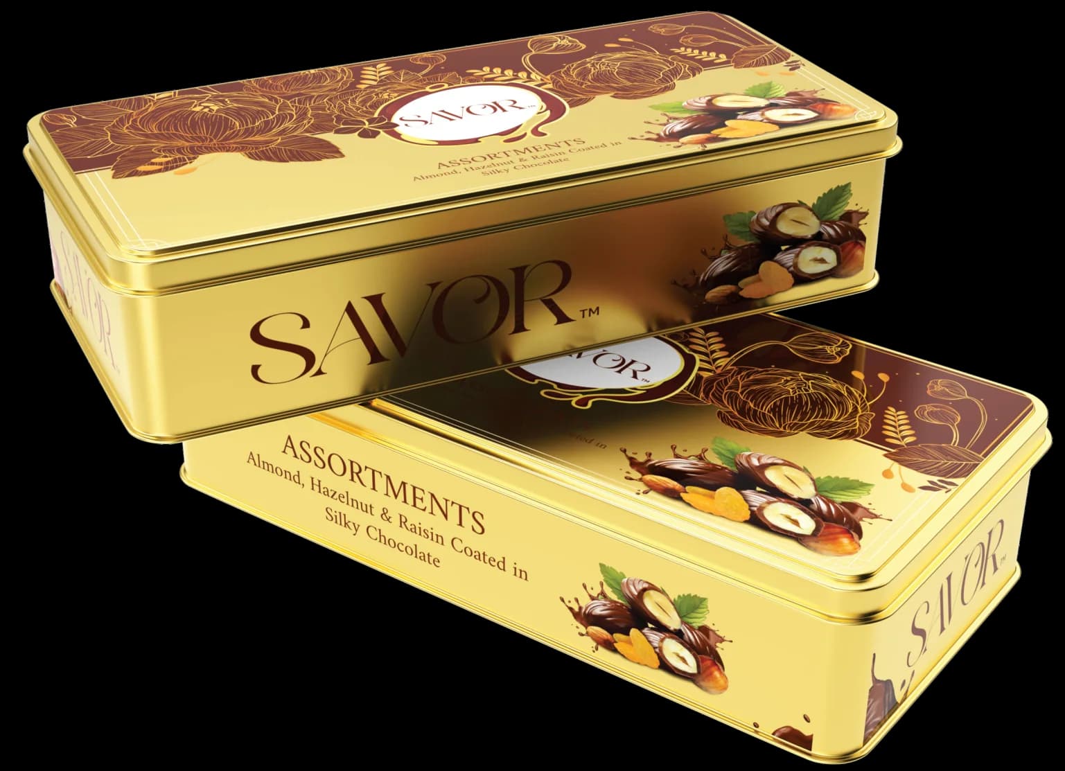 Savor Assortments gold tin with chocolate-coated dry fruits